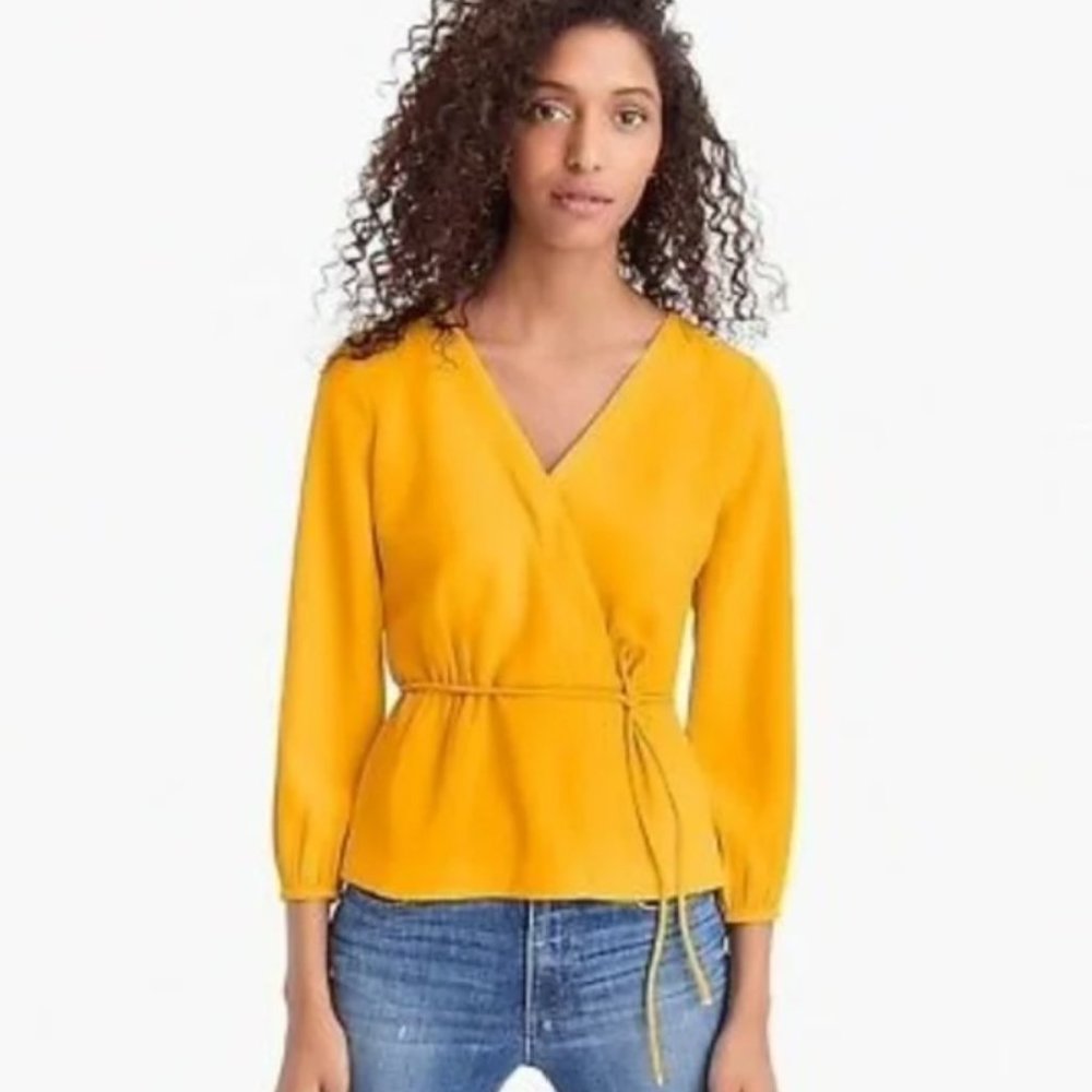 J. Crew Drapey Crepe Faux Wrap Blouse - 8, Harvest Gold / Saffron Yellow